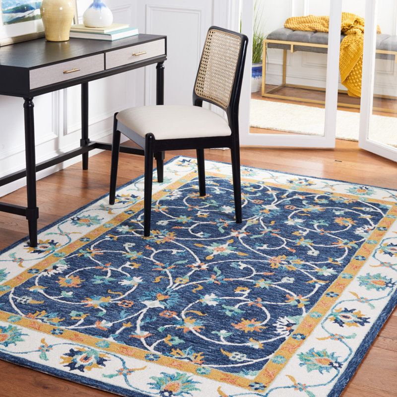 Rosalna Oriental Handmade Tufted Wool Blue/Ivory/Yellow Area Rug, Rectangle 5' x 8'
