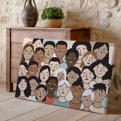 Toile, une illustration vibrante et inspirante mettant en vedette un groupe diversifié de visages souriants mettant en vedette un large éventail de tons de peau, art mural