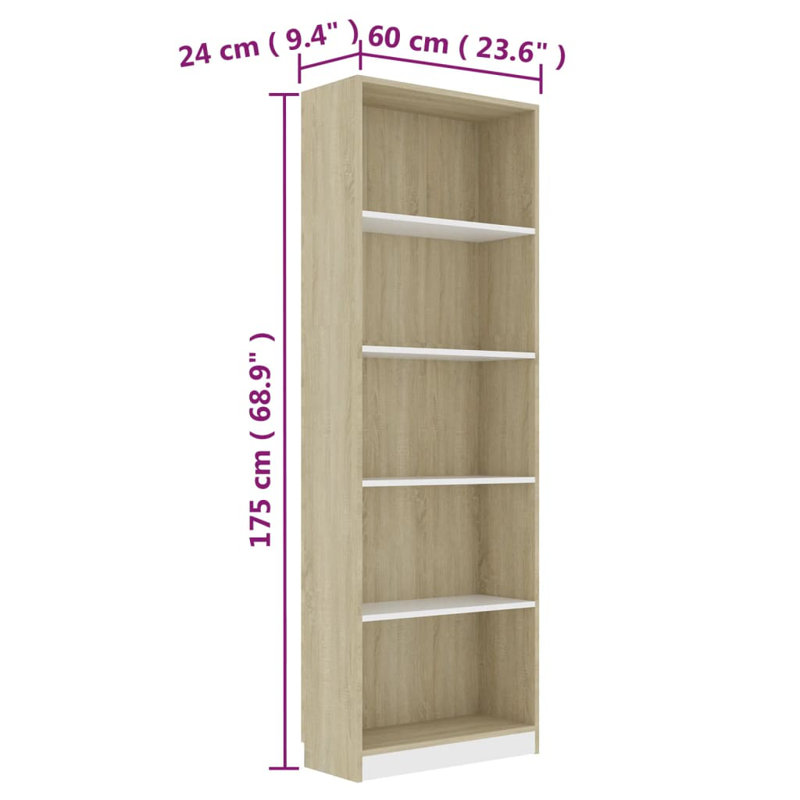 White/Sonoma Oak, (5 Shelves) 68.9" H x 23.6" W x 9.4" D
