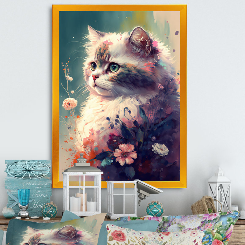 Mignon chat persan, art floral III - chat, décoration murale en toile, Impression dorée sur toile encadrée