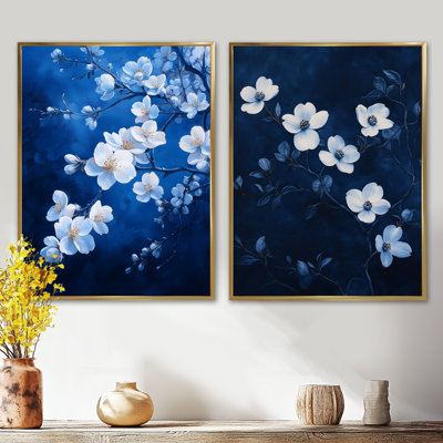 Verger de fleurs de pommiers indigo Nuit IV - Décoration murale 2 pièces Fleurs de cerisier