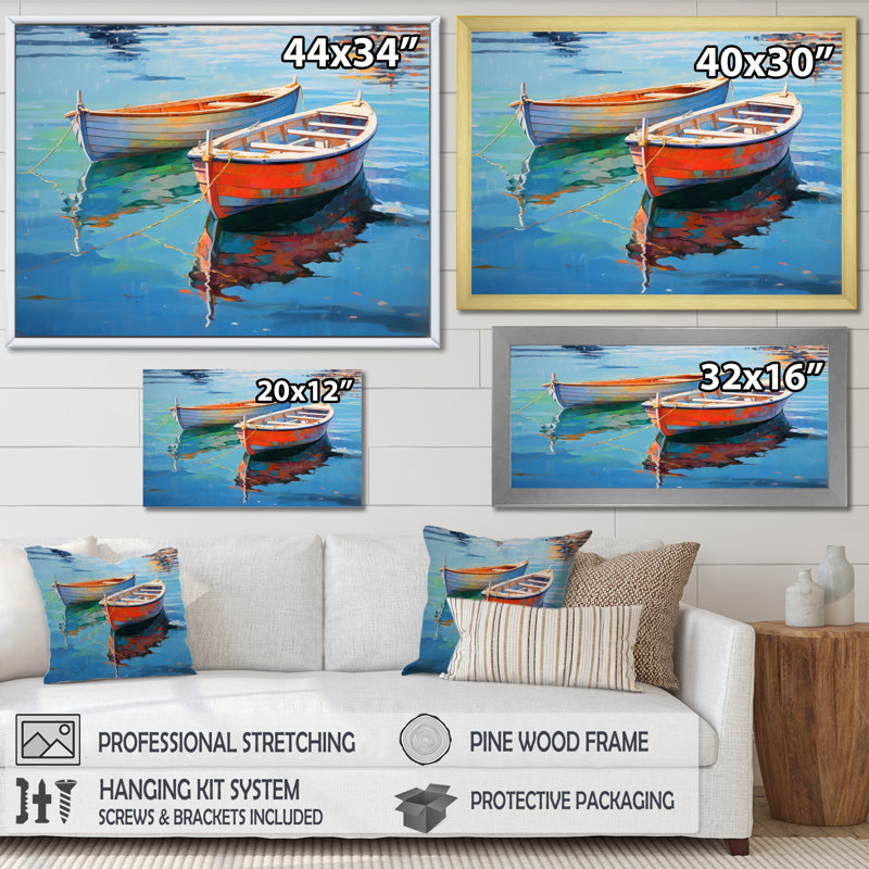 «Boat Harmonic Waters» - Art mural bateau, H 24 po x l 32 po x P 1 po, Encadrement argenté