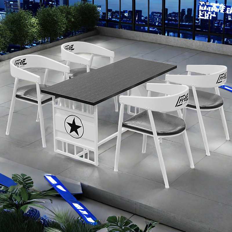 Table et chaises créatives de style industriel, 5, Blanc / noir, Plateau noir / base blanche