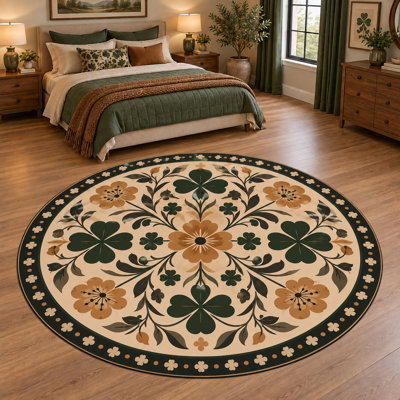 "Ultra Thin" 6' x 6' Clover Vine Floral Cameo Round Area Rug for Living Room, Bedroom and Home Office, Soft Low Pile Indoor Carpet with Non-Slip Silicone Backing