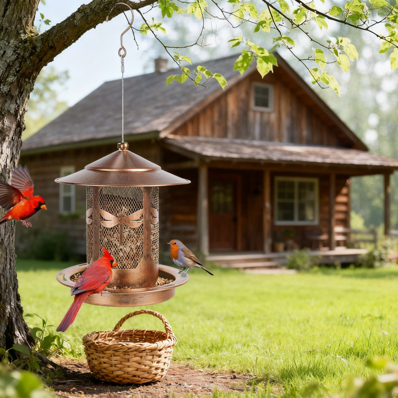 Mangeoire d'oiseaux en métal pour suspendre à l'extérieur - Mangeoire d'oiseaux décorative à motif de libellules pour patio de jardin, résistante aux écureuils avec remplissage facile et conception épurée