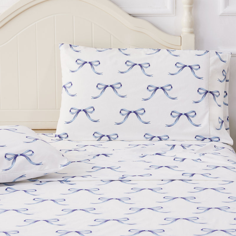 Bows Printed Cotton Percale Sheet Set, California King Sheet Set with 2 Pillowcases, Blue