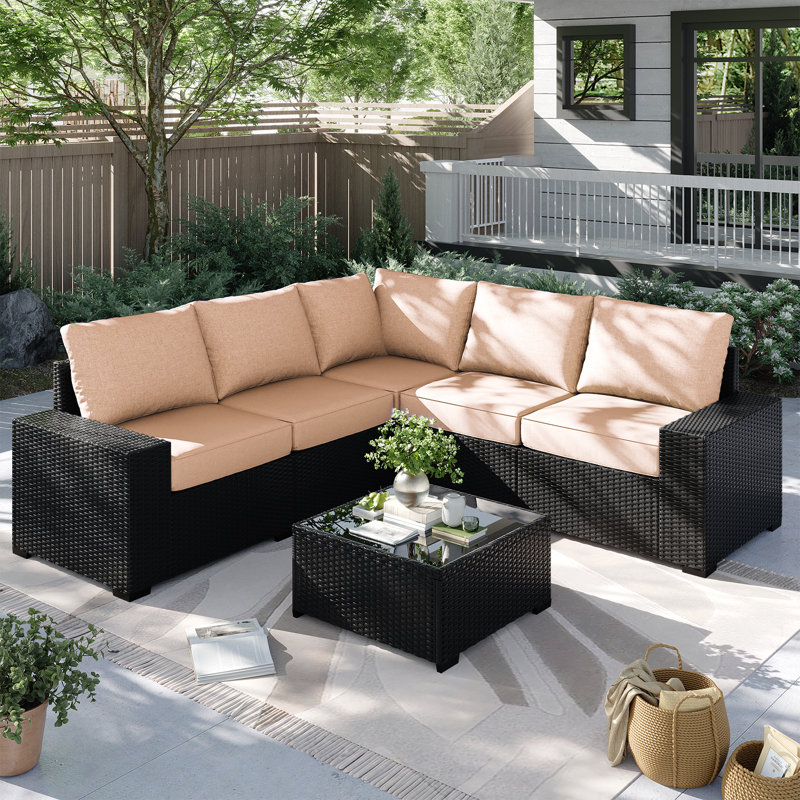 Ensemble de meubles de patio 6 pièces, avec coussins et table basse en verre, ensemble de canapé modulaire en osier de rotin Pe