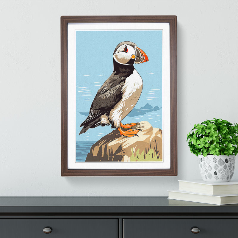 Puffin Line - Single Picture Frame Print on Wood, 34cm H x 25cm W x 2cm D, Walnut