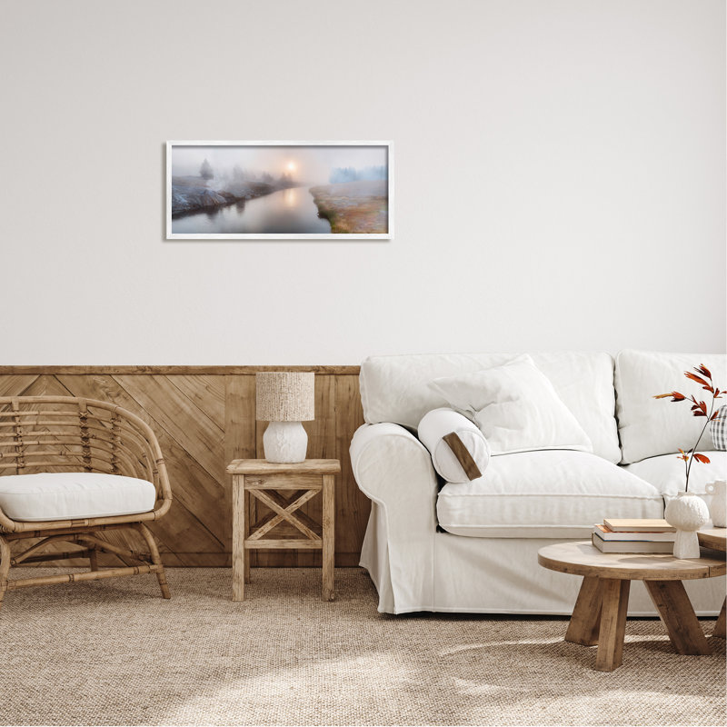 Foggy River at Dawn White Framed Canvas Print, 30 x 13