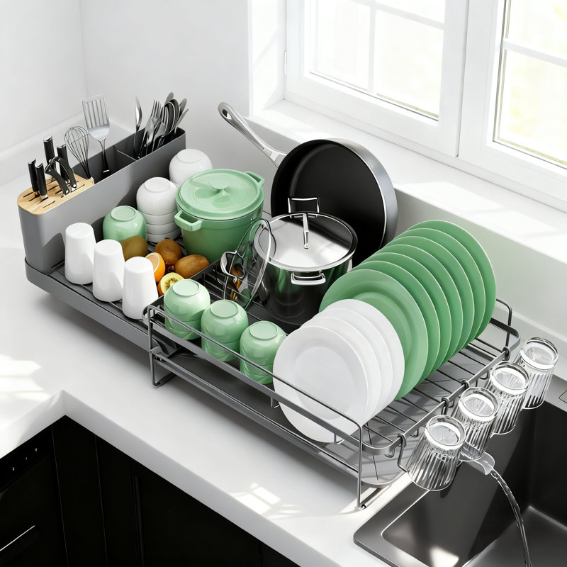 Large Dish Drying Rack - Extendable Dish Rack, Multifunctional Dish Rack For Kitchen Counter, Anti-Rust Dish Drainers With Cutlery 