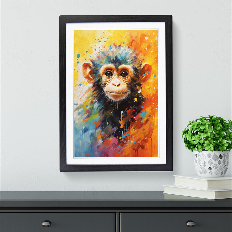 XYZ-FRM-V1223-4538 Monkey Impressionism 1 Piece Single Picture Frame Wall Art, 64cm H x 46cm W x 2cm D, Black