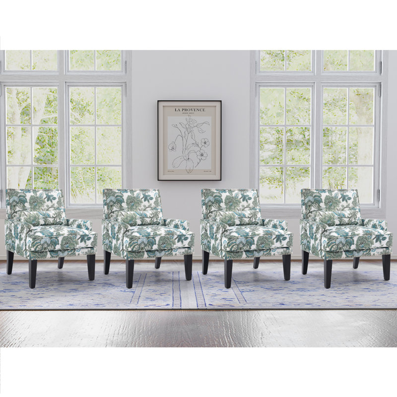 28.7'' Wide Vintage Floral Soft Upholstered Fabric Armchair With Nailhead Trim And Lumbar Pillow (Set Of 4), Green Floral