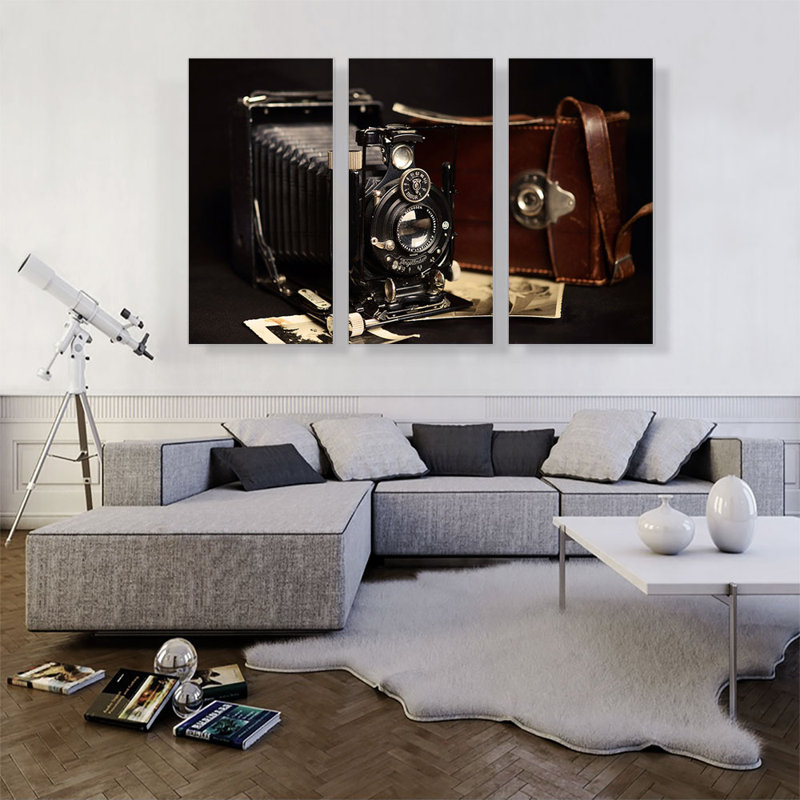 Appareil photo rétro - ensemble de 3 reproductions de photos sur toile tendue, H 40 po x l 60 po x 1,5 po