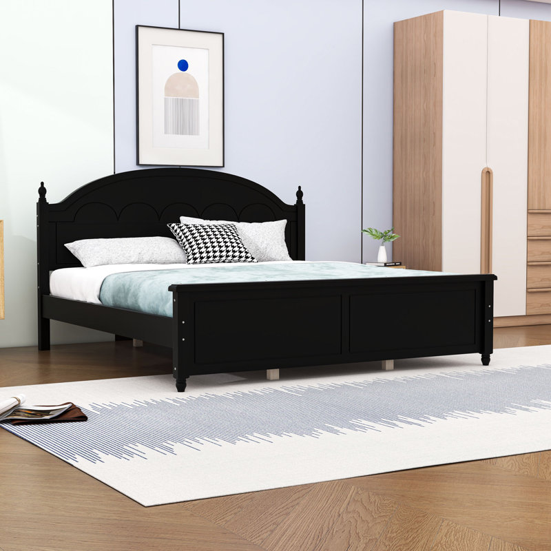 Lit plateforme en bois avec tête de lit et pieds centraux, Noir, Très grand lit
