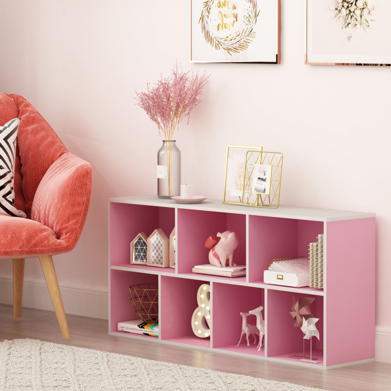 Gonzales 19.5" W Standard Bookcase, White/Pink, (7 Shelves) 41.7"H x 19.5"W x 9.4"D