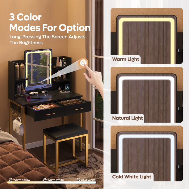 Paradis 31.5" Makeup Vanity with USB Power Outlet & 2 Drawers, Black