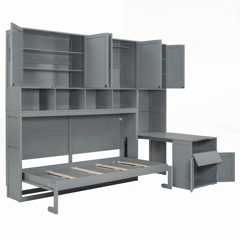 Lit escamotable simple avec placard et tiroirs, Grey
