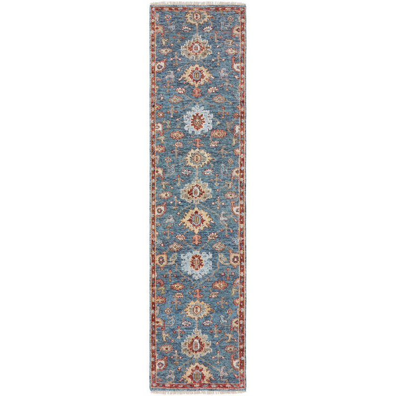 Wool Area Rug in Blue, Runner 2'6" x 10'