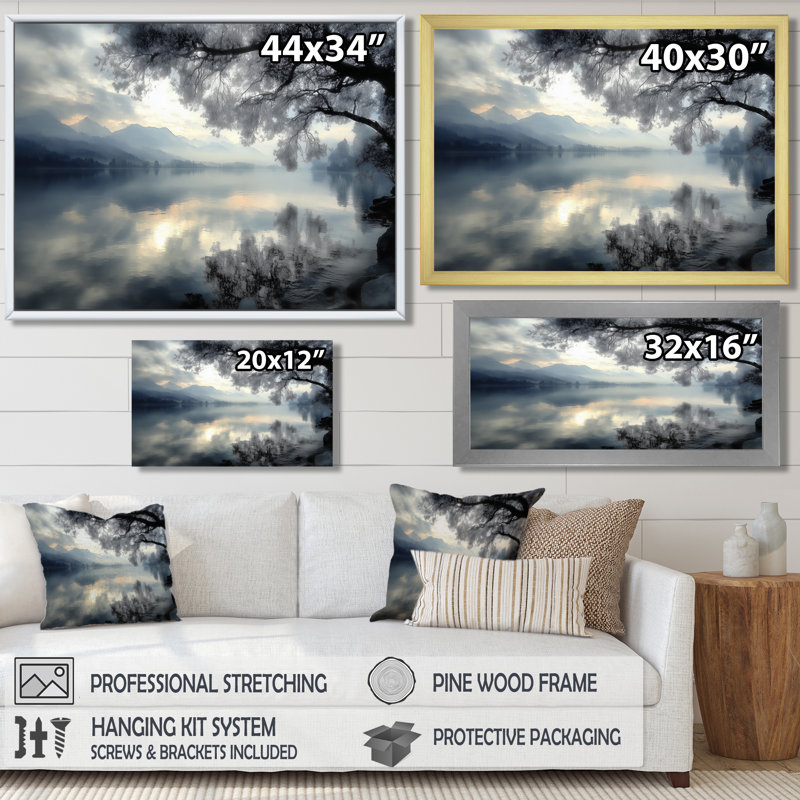 «Serene Lake At Dawn With First Light», impression encadrée sur toile, paysage bleu, H 12 po x l 20 po, Cadre flottant, Doré