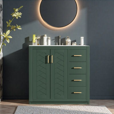 36'' Bathroom Vanity without Top Sink, Solid Wood Frame Bathroom Storage Cabinet, Freestanding Vanity with 3 Drawers& Soft Closing Doors (NOT INCLUDE BASIN)