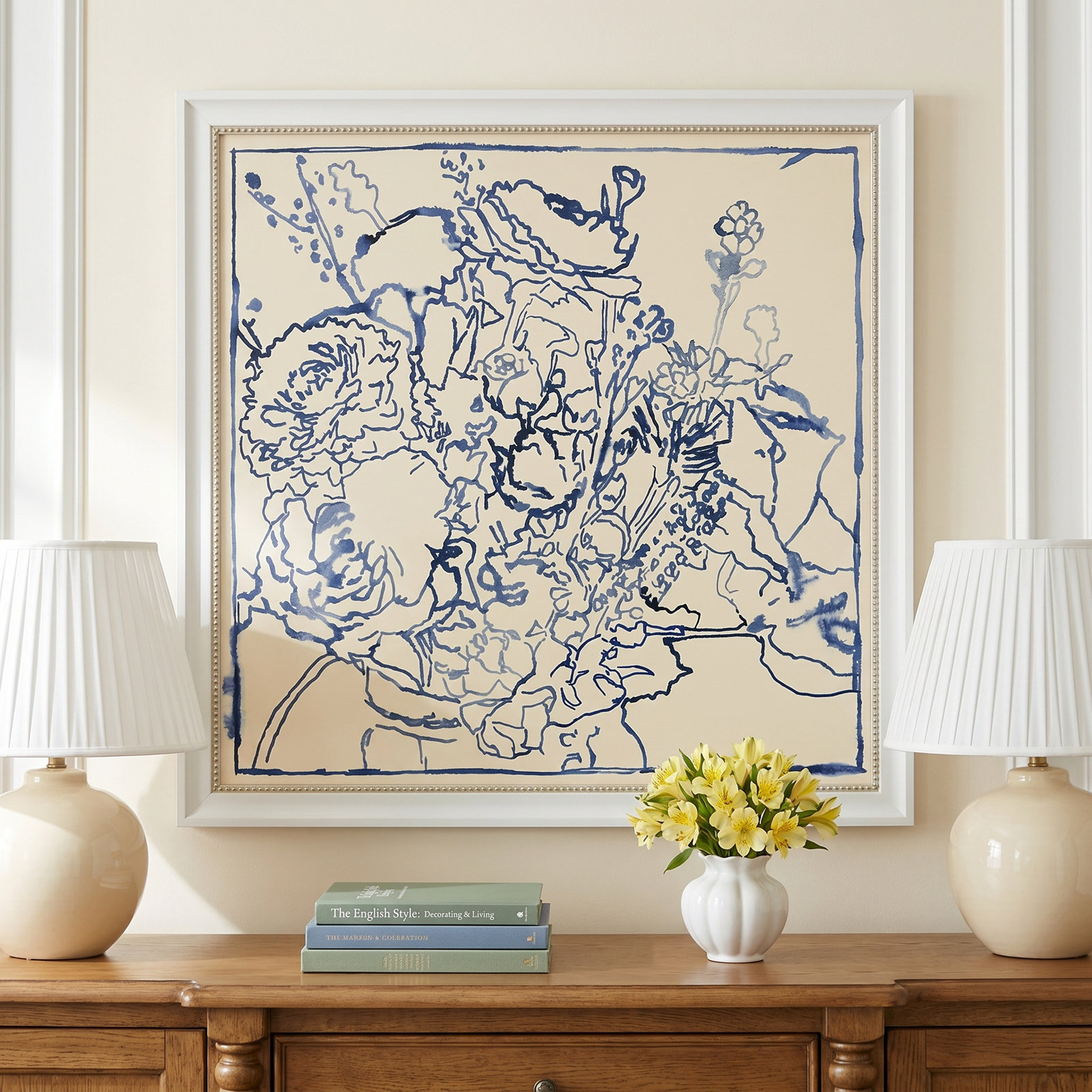 Indigo Floral Sketch by Megan Meagher, Cream, 24" W x 24" H
