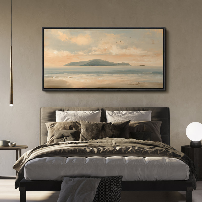 «Serene Coastal Sunset with Distant Mountains and Flying Birds», reproduction d'art sur toile encadrée très grande
