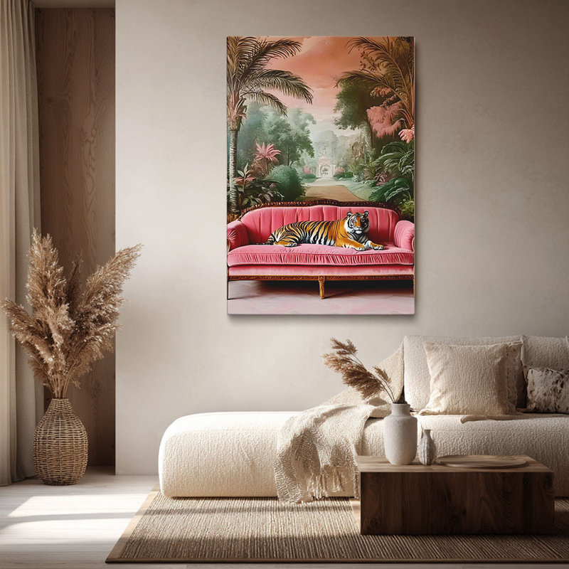 «Tigre sur canapé en velours rose avec toile de fond tropicale (ton luxueux)» Eclectic, 18 * 12 pouces (45 * 30 * 2cm)