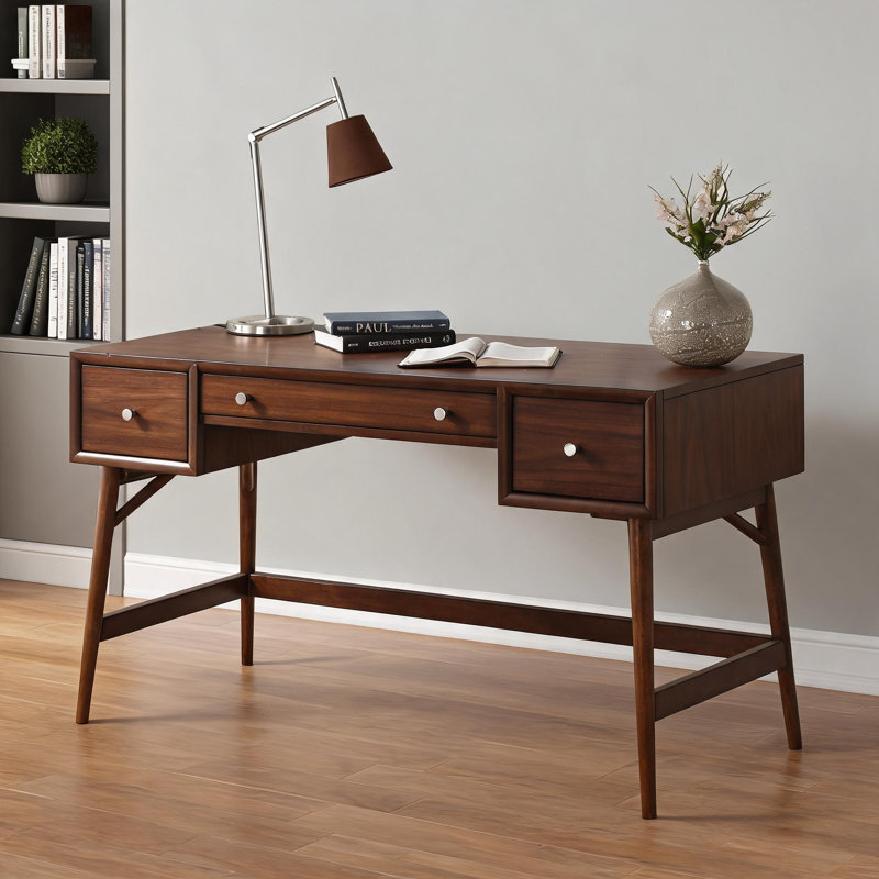 Bureau d'écriture avec finition brun ton de bois, 3 tiroirs et boutons en nickel, 51,25 po, pour le bureau personnel