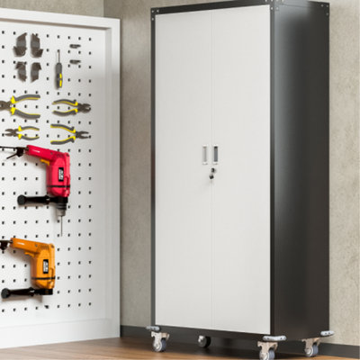 Heavy Duty Metal Storage Cabinet With Locking Doors & 4 Adjustable Shelves - Office Use Lockable Garage And Wheels Option