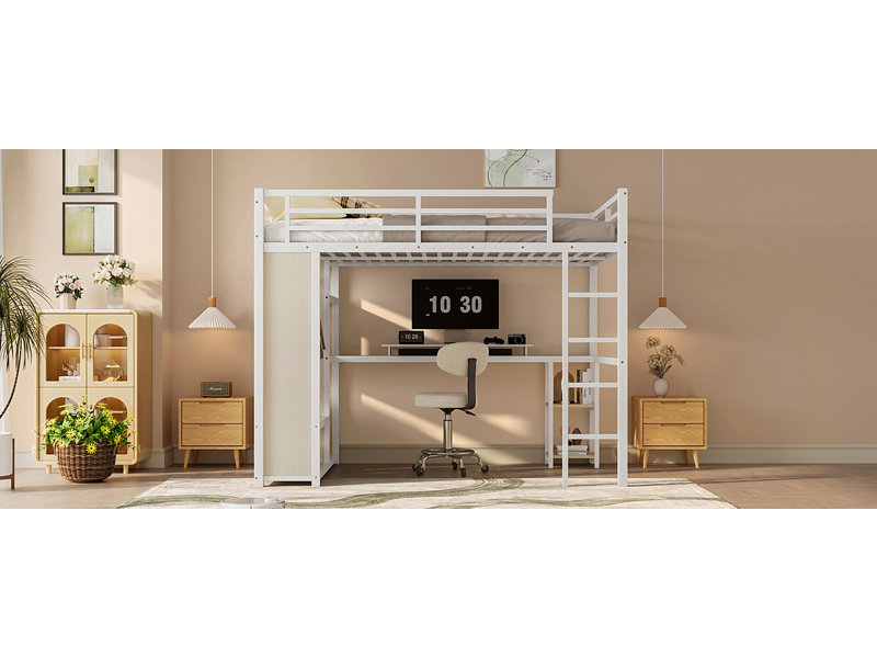 Lit mezzanine moderne en métal industriel avec garde-robe intégrée, bureau et tablettes de rangement pour économiser de l'espace
