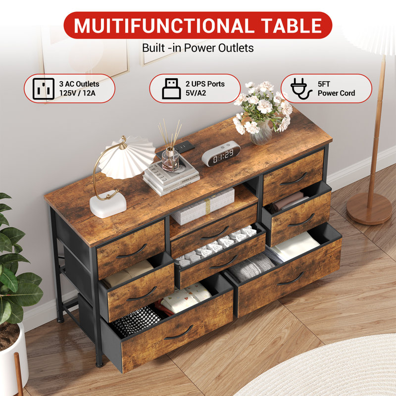 Meuble télé avec lumières à DEL et prises de courant intégrées pour téléviseur 55 po, commode en tissu 8 tiroirs, Brun