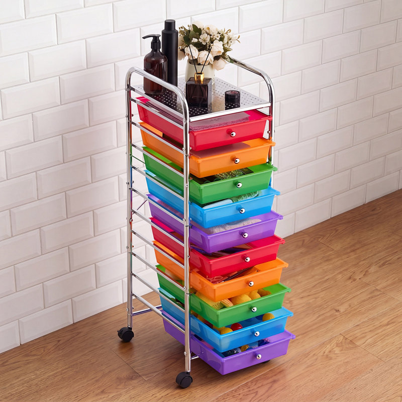 Chariot roulant avec tiroirs, 10 tiroirs de rangement, roulettes universelles et 2 freins, chariot utilitaire mobile avec cadre en acier, idéal pour le bureau, la salle de classe, les outils de bricolage, le garage, l'atelier, arc-en-ciel