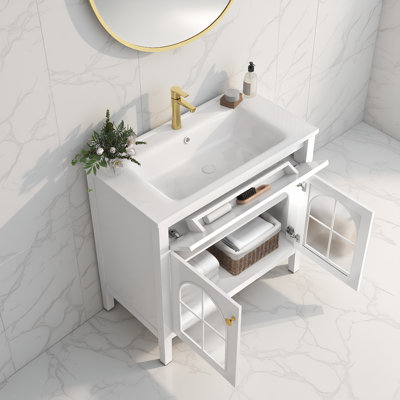 36"Farmhouse Freestanding Bathroom Vanity Sink with Storage, Patterned Glass & Motion-Sensor Light