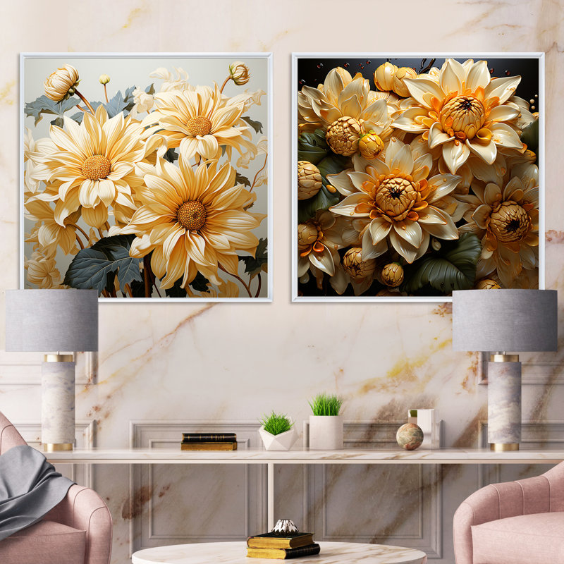 Tournesols illustrés avec abat-jour - ensemble de 2 tournesols carrés, Cadre flottant blanc, H 36 po x l 73 po
