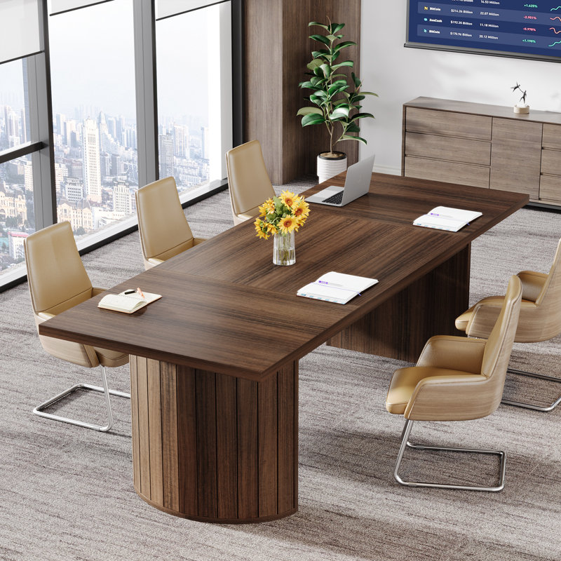 6.56FT Rectangle Conference Table, 78.74" Meeting Table With Double Base, Modular Seminar Table, Walnut