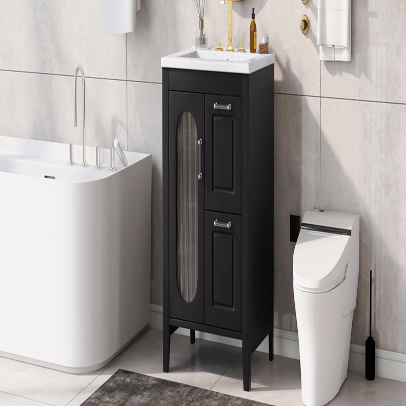 Meuble-lavabo 24 po avec lavabo, meuble-lavabo avec deux tiroirs et porte, tablette réglable, bois massif et panneau de fibres à densité moyenne