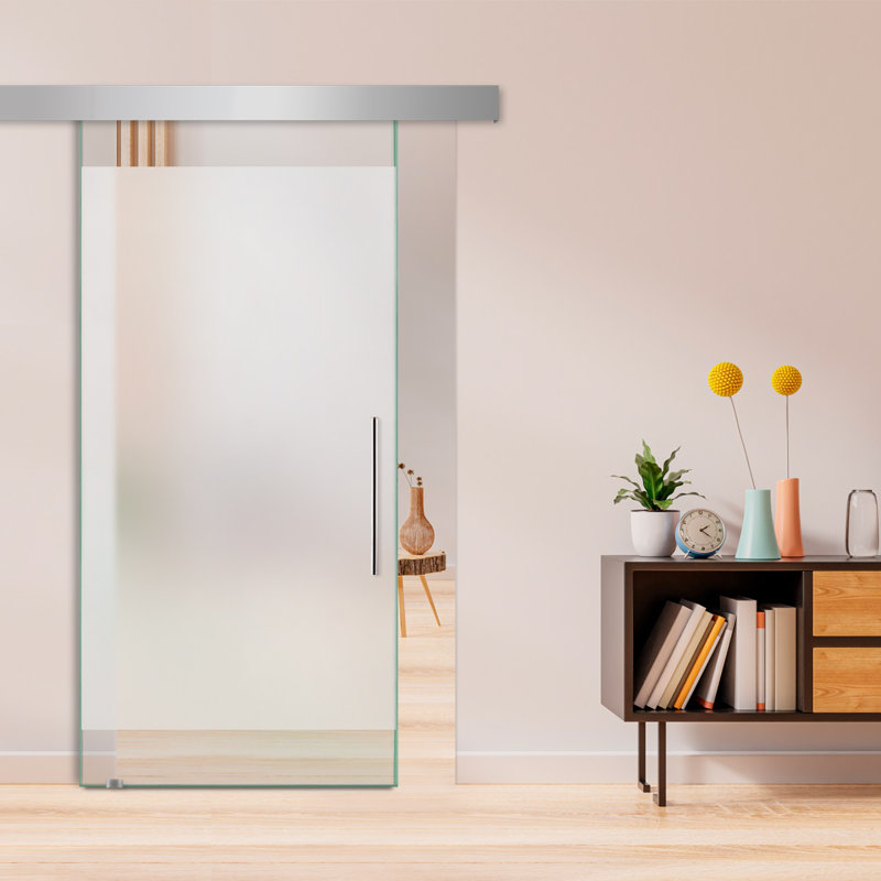 Porte de grange coulissante en verre sans cadre avec design moderne givré + ensemble de quincaillerie (semi-privée)