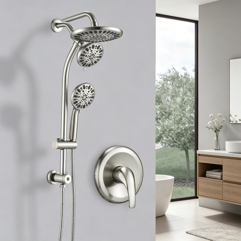 Pomme de douche à pluie coulissante en acier inoxydable sans perçage à 7 réglages, système de spa à double pomme de douche (valve brute incluse)