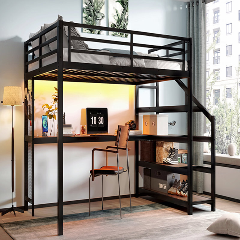 Grand cadre de lit mezzanine avec bureau et avec escalier de rangement, cadres de lit mezzanine en métal avec lumières à DEL, avec ports de charge USB, filets en fer multifonctionnels et silencieux, finition noire