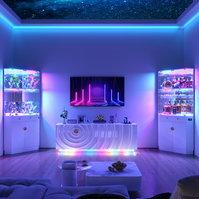 Corner Display Cabinet with Human Body Sensor RGB Lights, Wine Cabinet Liquor Stand with Glass Holder, White