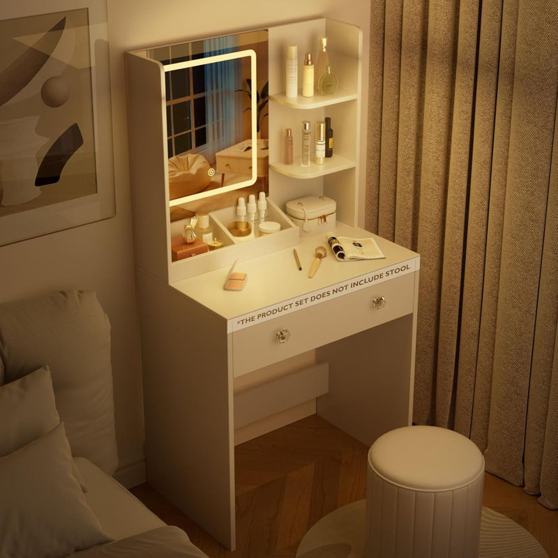 Meuble-lavabo moderne blanc 23,6 po avec miroir à DEL à intensité variable, station de charge intégrée, 2 grands tiroirs de rangement et 3 tablettes ouvertes, coiffeuse élégante avec boutons en cristal