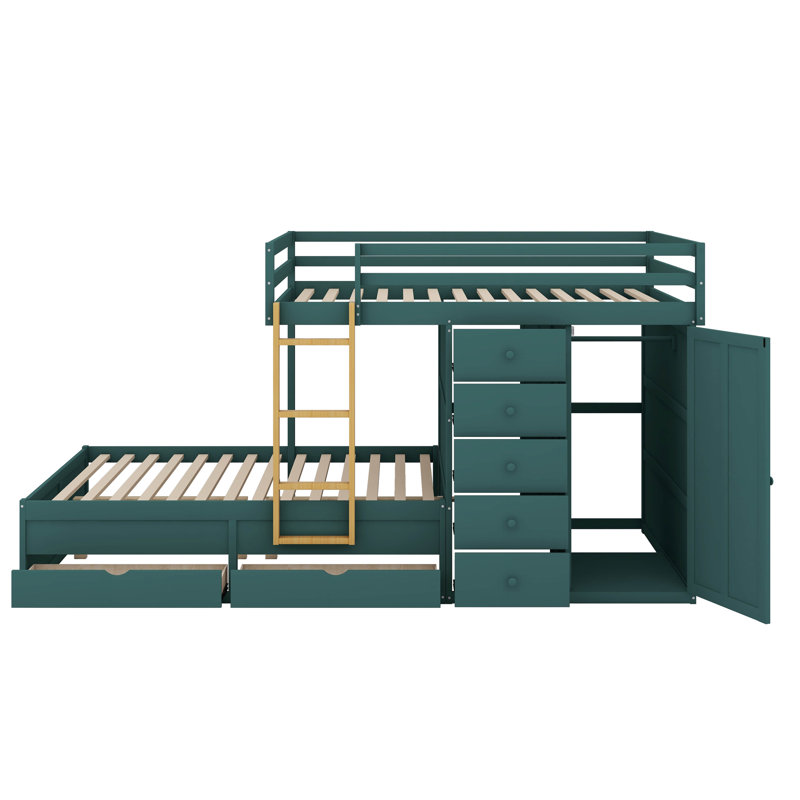 Lit superposé avec tiroirs de rangement et garde-robe, structure de lit superposé en bois avec échelle et garde-corps
