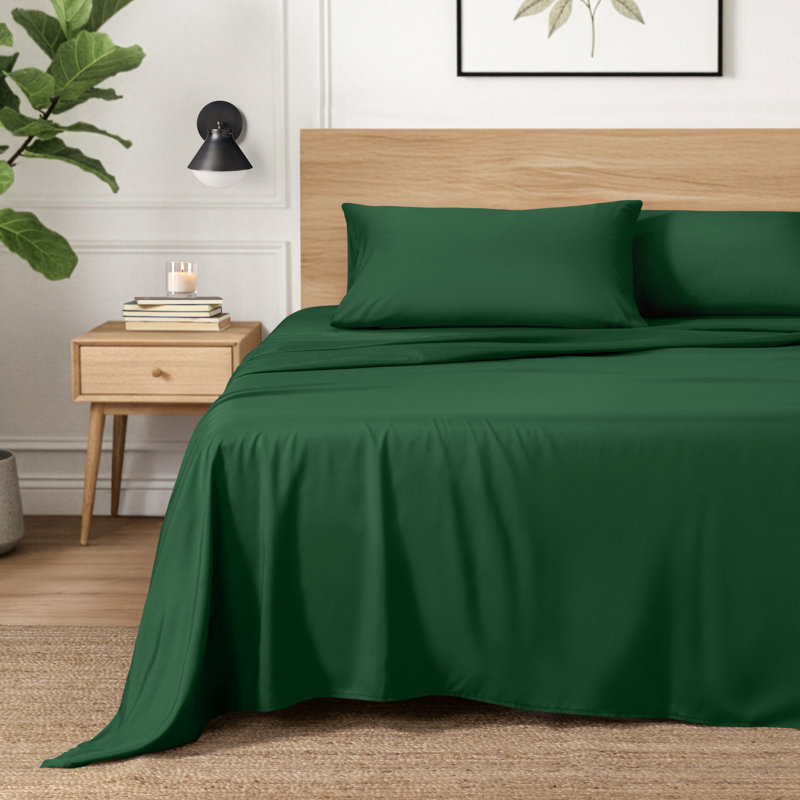 Ensemble de draps en micro-fibre, Ensemble de draps pour grand lit avec 2 taies d'or, Vert forêt