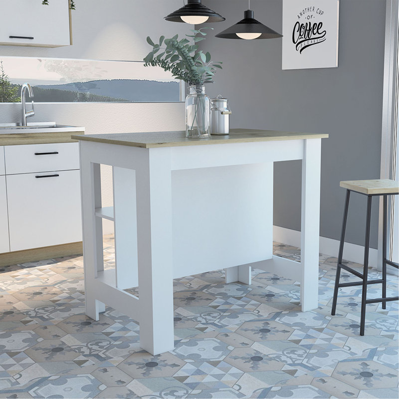 Îlot de cuisine, quatre pieds, trois tablettes - blanc / chêne clair, 27.5" H x 27.5" W x 40.5" D, White/Tan