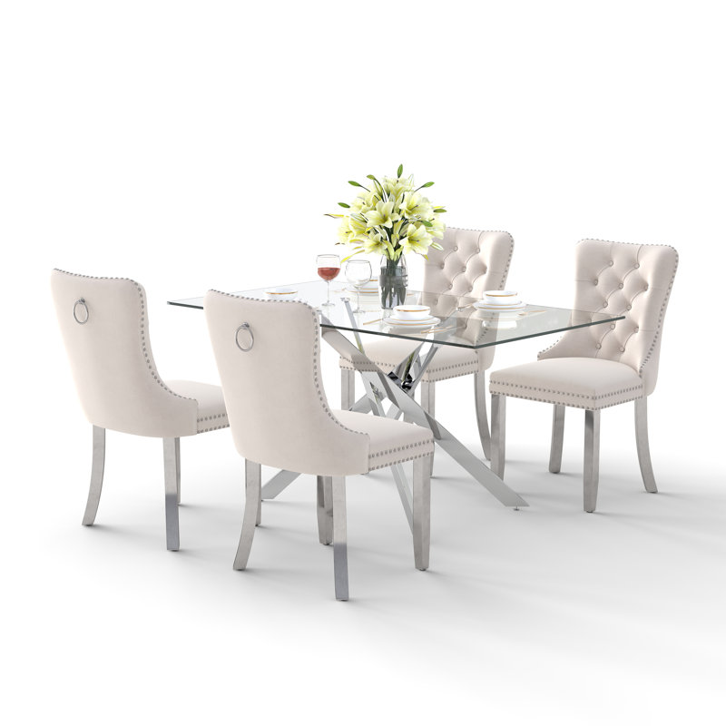Ensemble de table de salle à manger rectangulaire en verre trempé, table de salle à manger de luxe avec chaise de salle à manger en velours capitonné