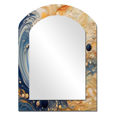 Cream Astrology Nebula Marble II - Abstract Shapes Arch Large Wall Mirror, Navy Asymmetrical Decorative Mirror, Printed Metal Art