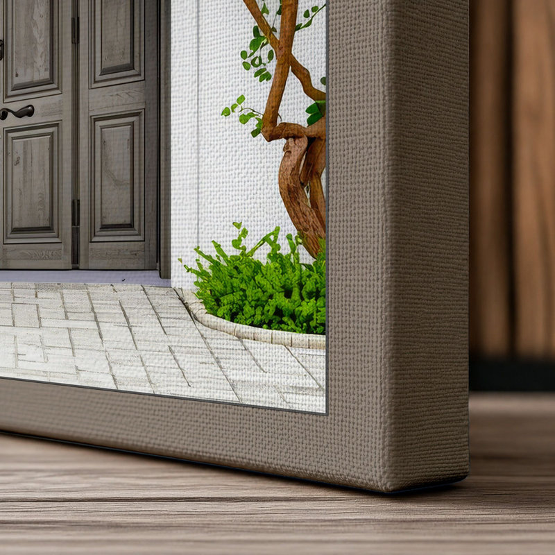 Purple Blooms at the Door Coastal - Wrapped Canvas, 24x16 - 61.0 x 40.6 cm, Taupe Border