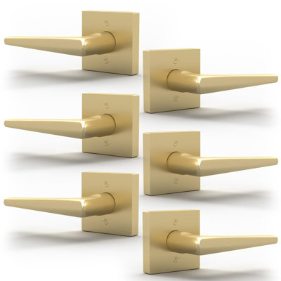 Mega Handles Schein Dummy Poignées de porte - Paquet de 6 poignées de porte robustes en or, poignée de porte anti-rotation pour couloir, garde-robe et portes françaises, un côté, convient à toutes les portes standard - laiton satiné