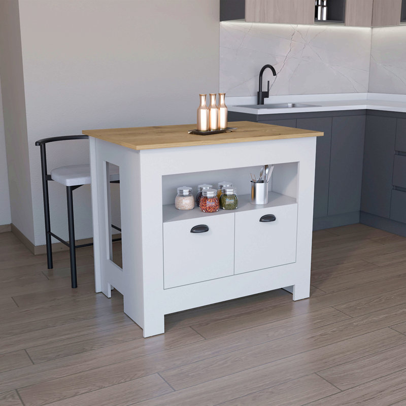 Îlot de cuisine H 35 po, 2 portes, 3 tablettes, Macadamia, Blanc