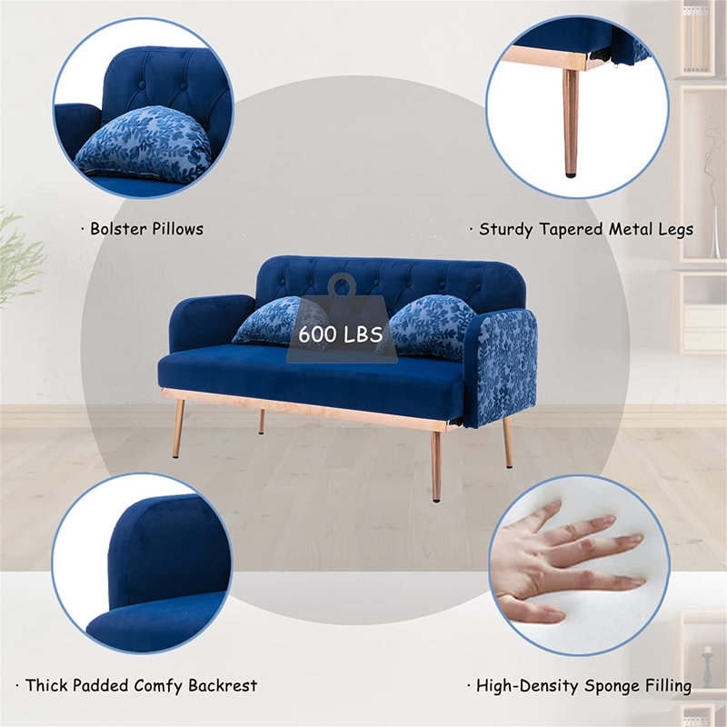 Canapé à accoudoirs carrés en velours 55 po Rhodena, Velours bleu marine